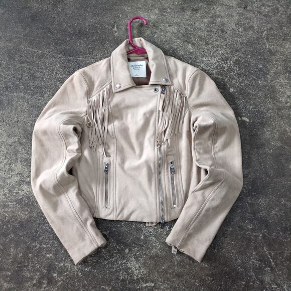Abercrombie & Fitch Moto Jacket Womens S Tan Zip Y2K Fringe Suede Vegan Leather - Picture 1 of 8